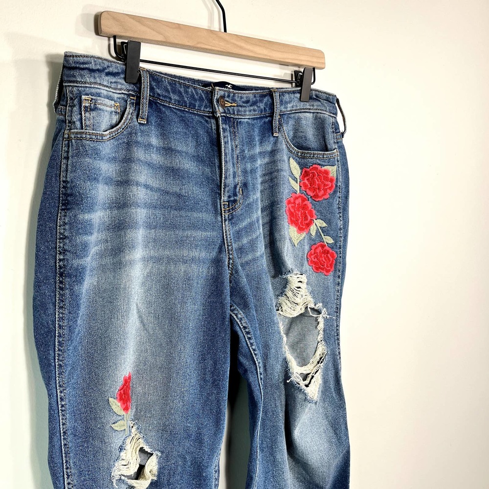 Hollister High Rise‎ Slim Straight Vintage Stretch Flower Distressed Jeans 34x27
